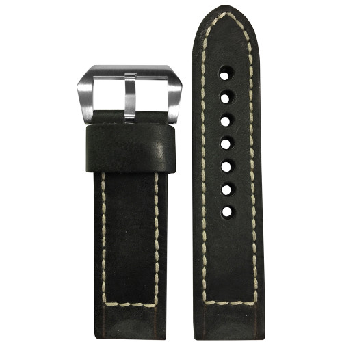 22mm Smooth Black Distressed Vintage Leather Watch Strap with White Classic Box Stitching for Panerai | Panatime.com