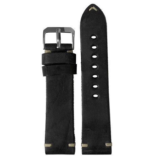 Black Genuine Vintage Oiled Leather Watch Strap with Minimal Creme-White Hand Stitching  | Panatime.com