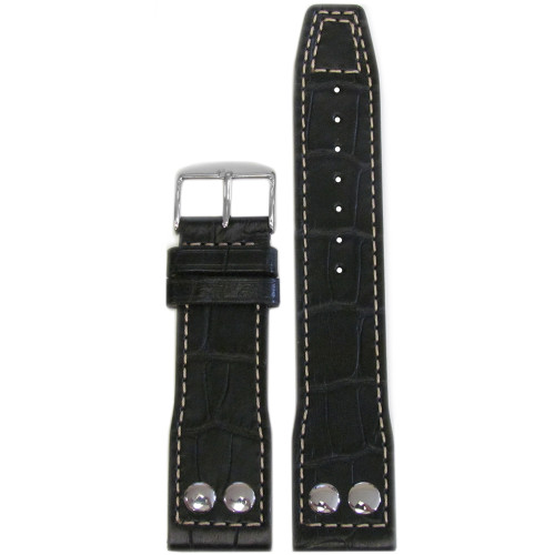 Black Embossed Leather "Gator" Pilot Style Watch Strap with White Stitching for IWC | Panatime.com