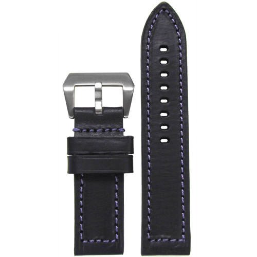 HZ Vintage Leather Watch Band | Black | Flat | Light Purple Stitch | Panatime.com