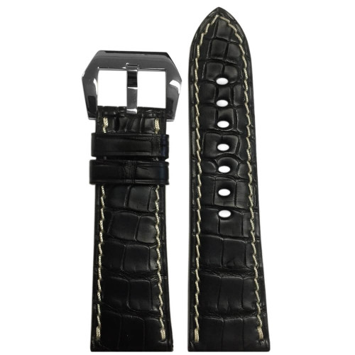 26mm Black Matte Genuine Alligator Fullcut Watch Strap with White Stitching for Panerai Radiomir | Panatime.com