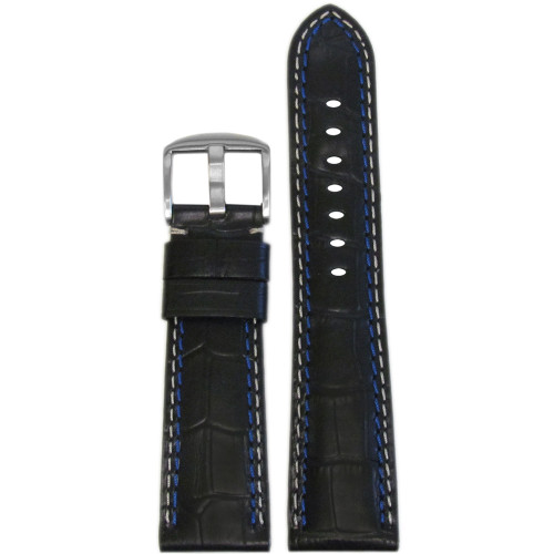 Embossed Leather "Gator" Watch Band | Black | White & Blue Stitching | for Panerai Radiomir | Panatime.com