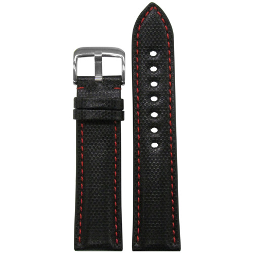 24mm Black "KVLR" Style Synthetic Watch Strap- Leather Backing, Red Stitching | Panatime.com