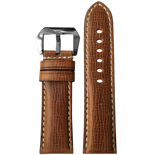 24mm Brown Padded Cracked Vintage Leather Watch Strap with White Stitching | Panatime.com