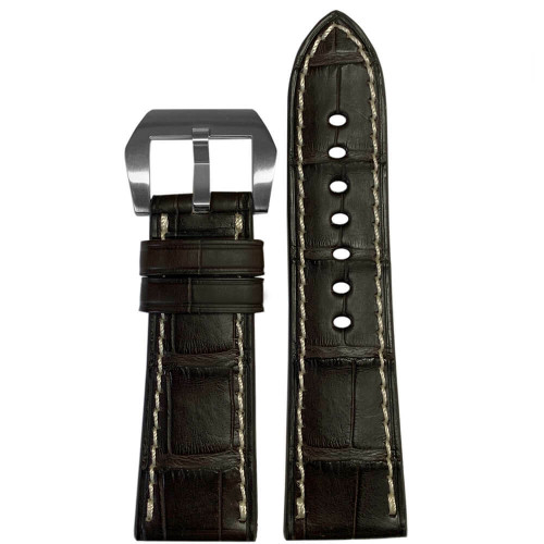 Coffee Matte Genuine Alligator Full cut Watch Strap with White Stitching for Panerai Radiomir | Panatime.com