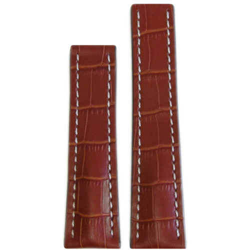 Cognac Embossed Genuine Leather Gator Print Watch strap with White Stitching for Breitling Deploy | Panatime.com