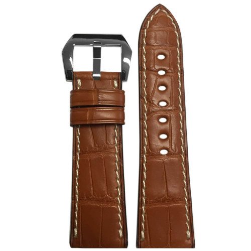 26mm (XL) Cognac Matte Genuine Alligator Fullcut Watch Strap with White Stitching for Panerai Radiomir | Panatime.com