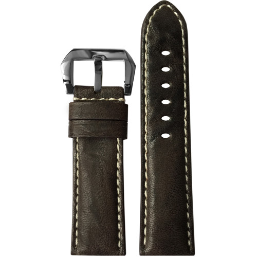 24mm (XL) Dark Brown Padded Distressed Vintage Leather Watch Strap with White Stitching | Panatime.com