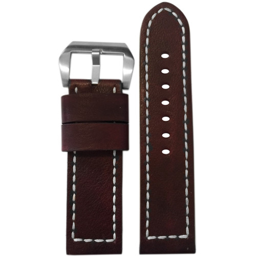 22mm Dark Walnut Genuine Vintage Leather Watch Strap with White Box Stitching | Panatime.com