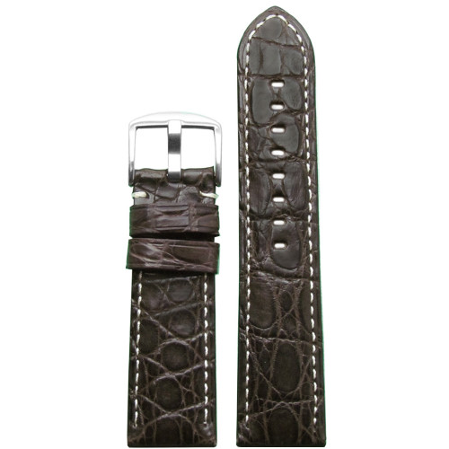 Brown Matte Genuine Crocodile Skin Padded Watch Strap with White Stitching | Panatime.com