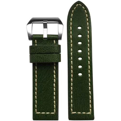 24mm Green Genuine Vintage Leather Watch Strap with White Box Stitching | Panatime.com