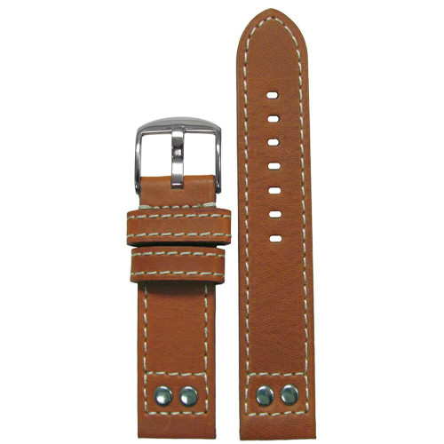 22mm Tan Pilot Style Oiled Leather, Brush Rivets - Flat, White Stitching | Panatime.com