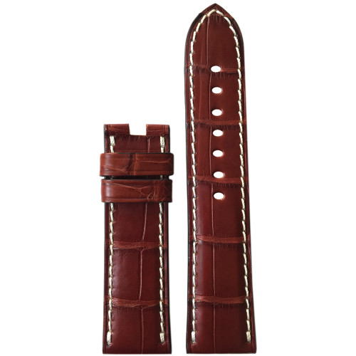 22mm (XL) Mahogany Matte Alligator Watch Strap with White Stitching for Panerai Deploy | Panatime.com