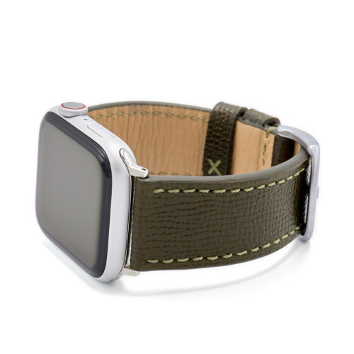 Military Olive French | Leather Watch Band with Match Stitching for Apple Watch