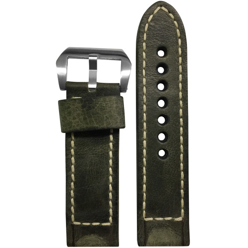 24mm (XL) Olive Vintage Leather Watch Strap with White Classic Box Stitching for Panerai | Panatime.com