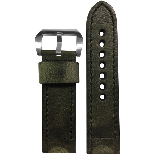 22mm (XL) Olive Distressed Vintage Leather Watch Strap with Black Classic Box Stitching for Panerai | Panatime.com