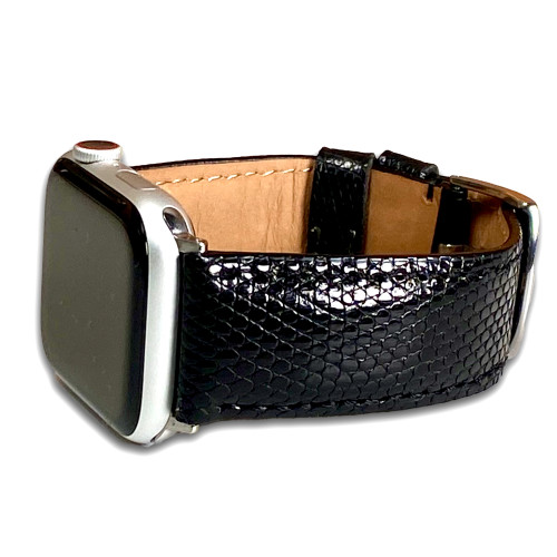 Black Semi-Gloss Genuine Lizard Watch Strap with Match Stitching | for Apple Watch