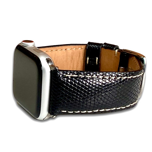 Black Semi-Gloss Genuine Lizard Watch Strap with White Stitching | for Apple Watch