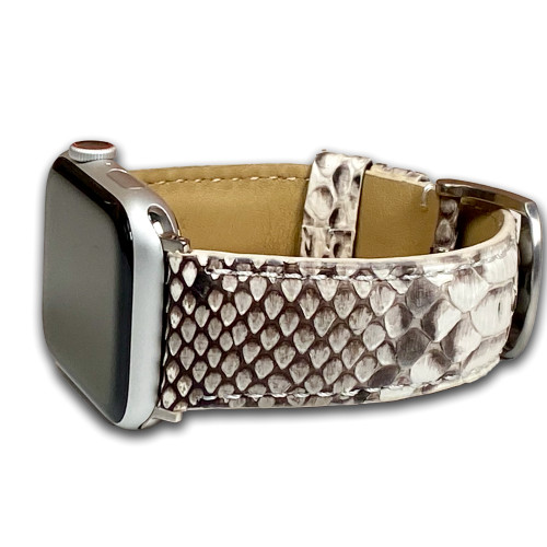 White Genuine Java Rock Python Skin Padded Watch Strap with Match Stitching | For Apple Watch