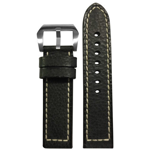 Vintage Leather Watch Band | Raider | Black | White Stitch | Panatime.com