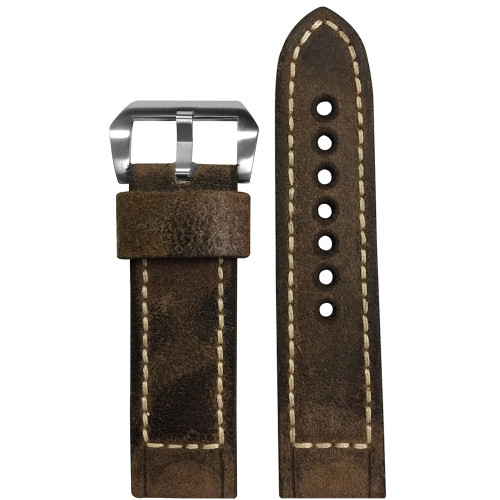 22mm (XL) Brown Raw Vintage Leather Watch Strap with White Classic Box Stitching for Panerai | Panatime.com