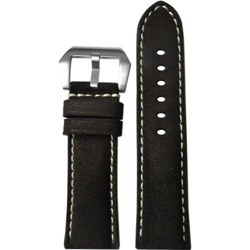 22mm Black Rough Padded Vintage Leather Watch Strap with White Stitching | Panatime.com