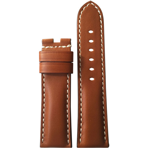 22mm Smooth Brown Vintage Leather Watch Strap with White Stitching for Panerai Deploy | Panatime.com