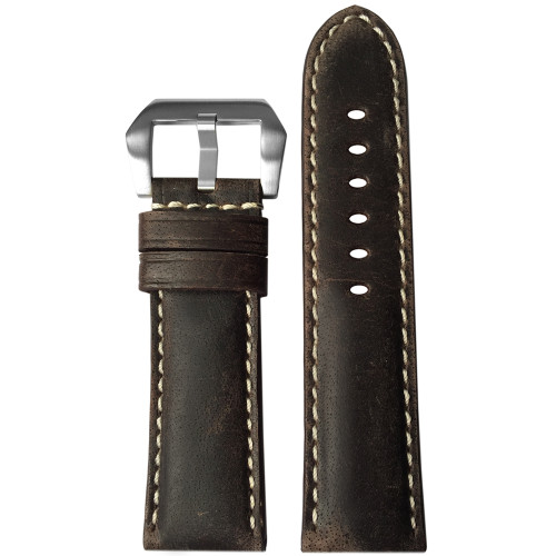 22mm (XL) Stone Padded Vintage Leather Watch Strap with White Stitching | Panatime.com