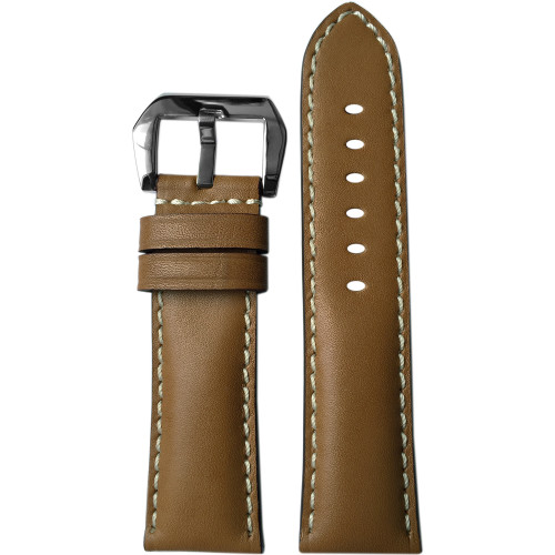 22mm Tan Padded Leather Watch Strap with White Stitching | Panatime.com